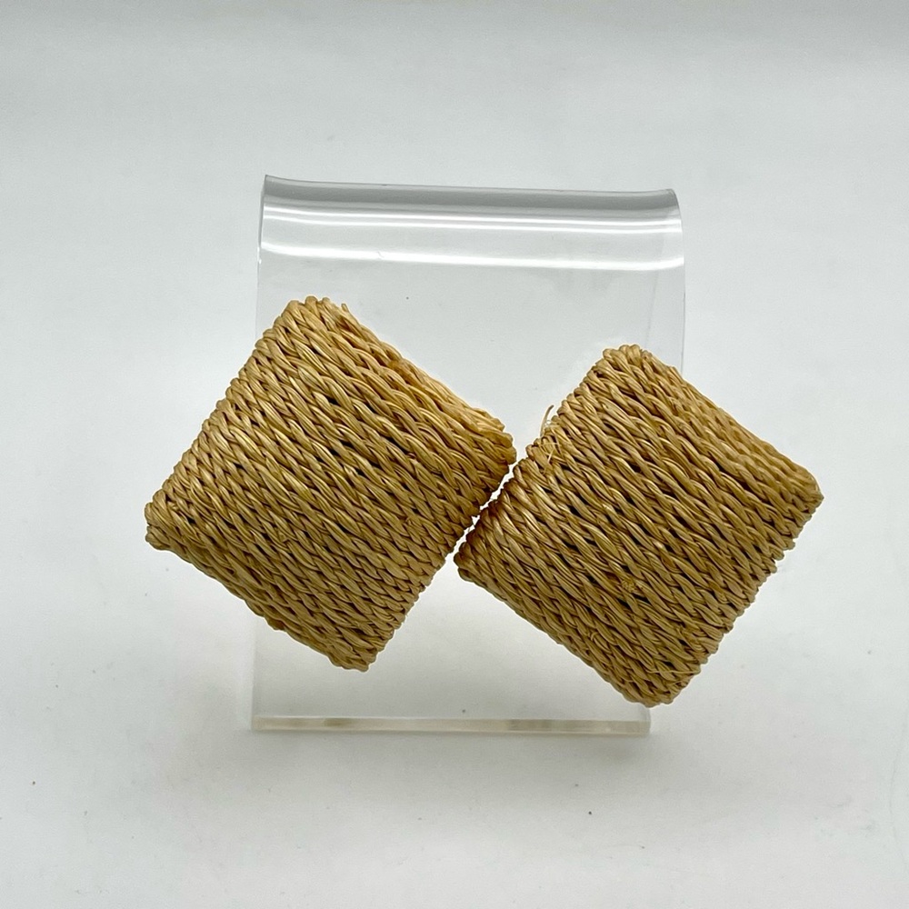 Rustic Jute Square Clip Earrings Statement Boho Vibe Neutral - Picture 11 of 16